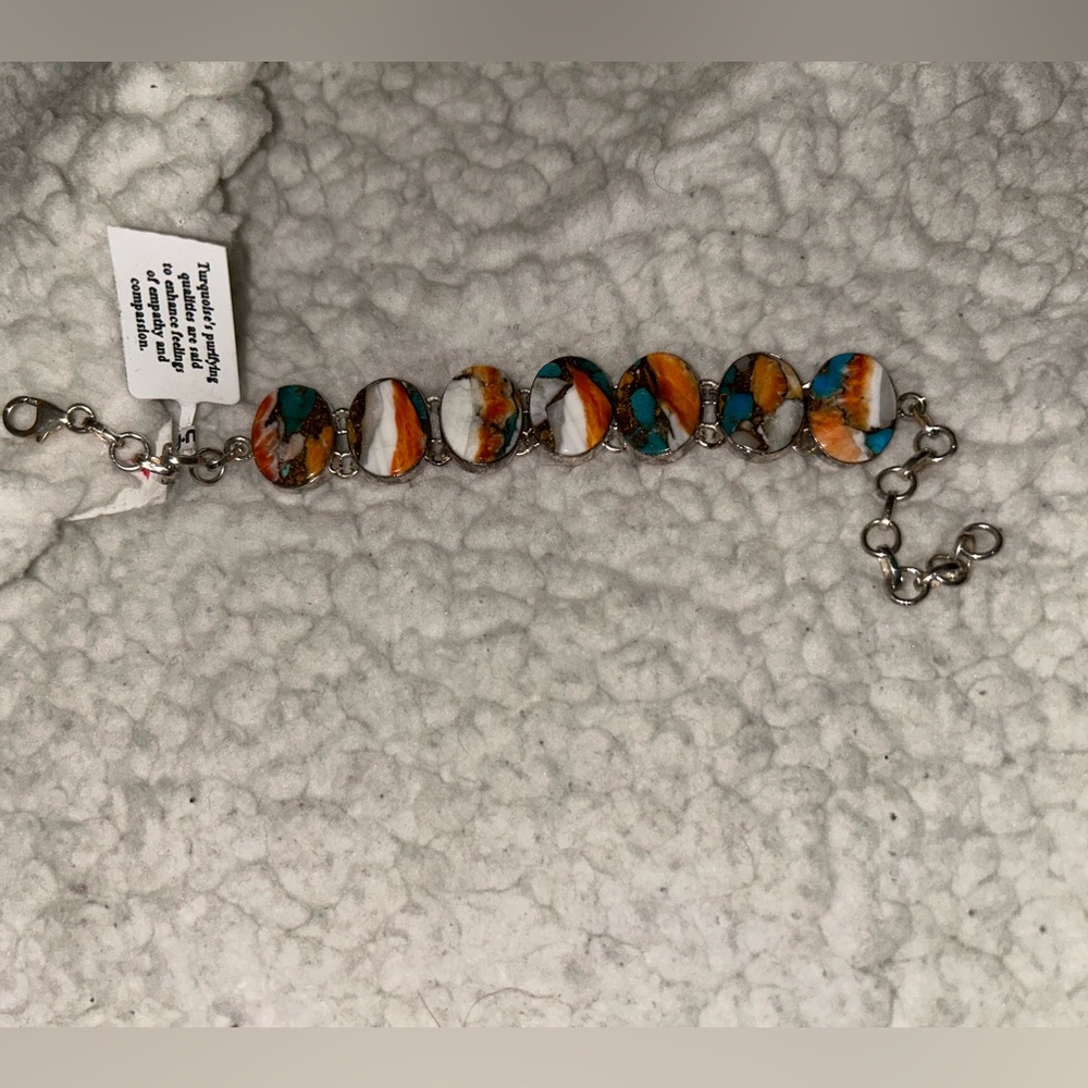 NEW 925 Sterling Silver Spiny Copper Turquoise Oval Link Bracelet - Picture 4 of 14